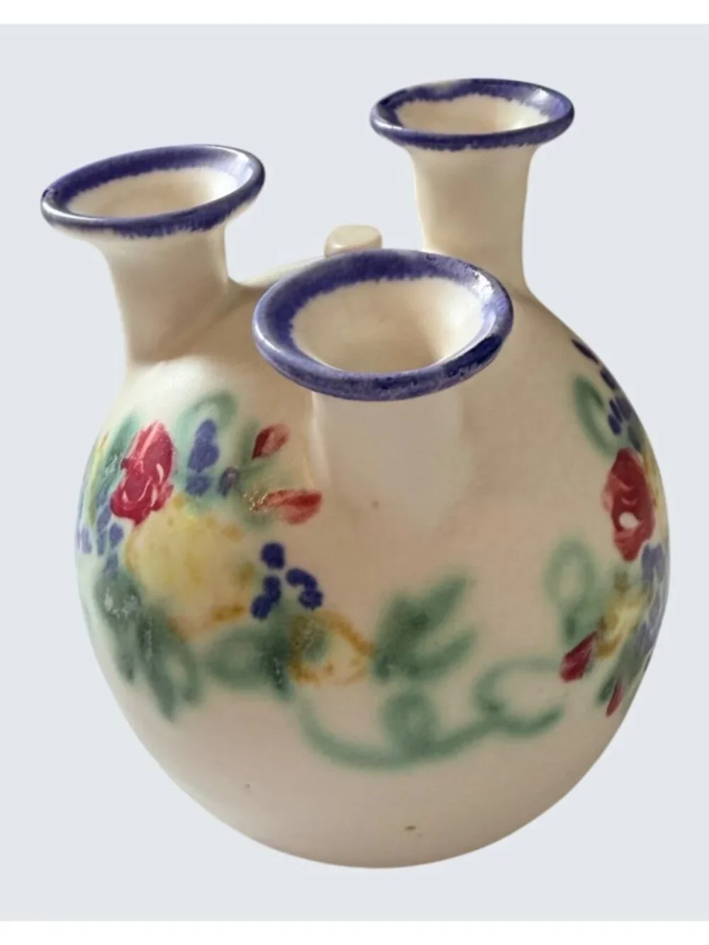 Clouds Folsom 1985 Pottery 3 Neck Bud Vase Hand Painted Floral California VTG